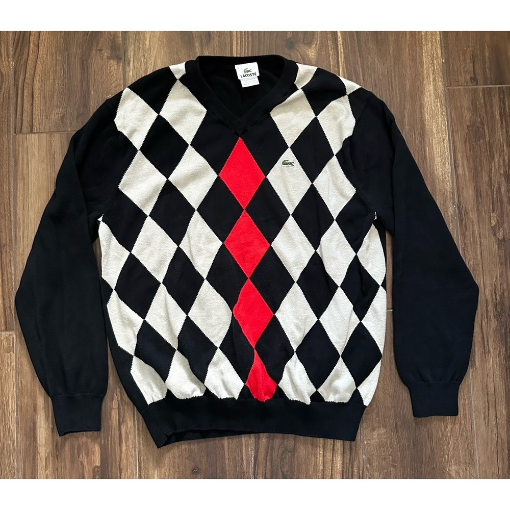 Lacoste Sweater Men's Size 6 Checkers V-Neck 100% Cotton Pullover Crocodile Logo